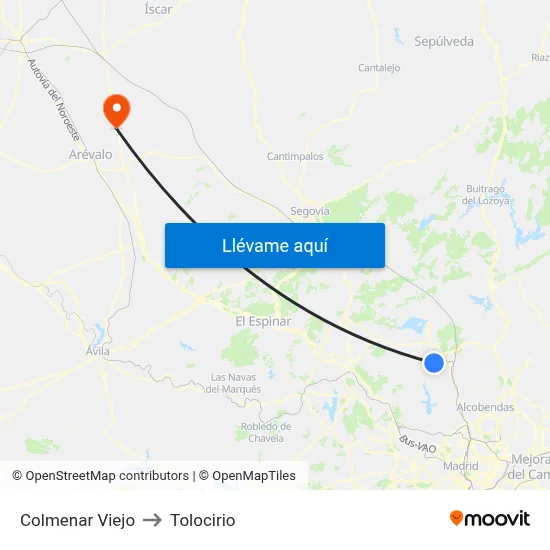 Colmenar Viejo to Tolocirio map