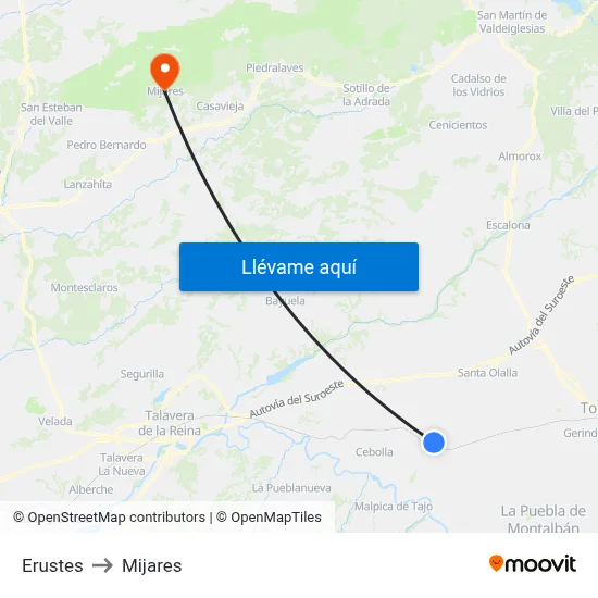 Erustes to Mijares map