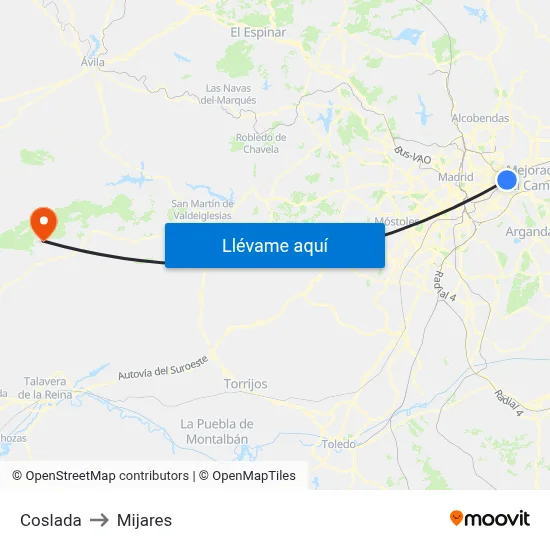 Coslada to Mijares map
