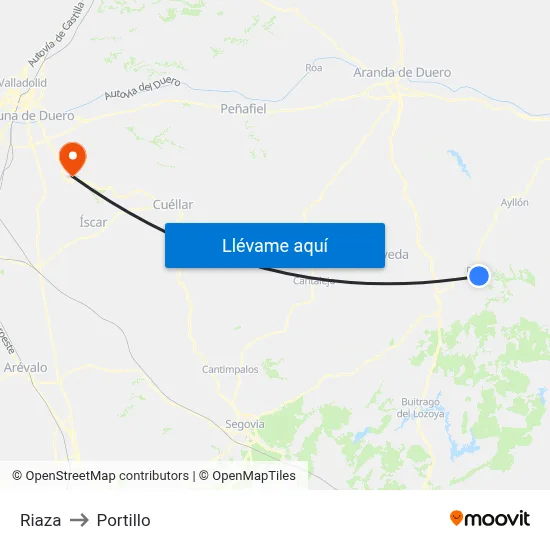 Riaza to Portillo map