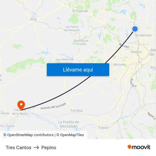 Tres Cantos to Pepino map