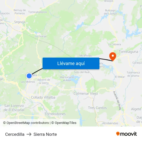 Cercedilla to Sierra Norte map