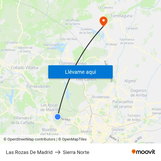 Las Rozas De Madrid to Sierra Norte map