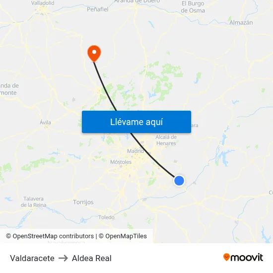 Valdaracete to Aldea Real map