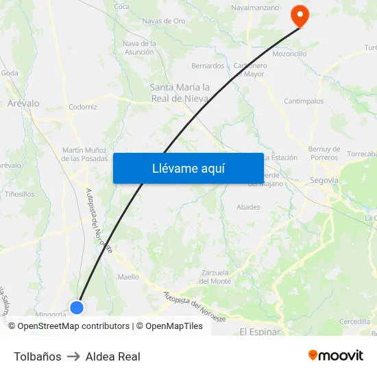 Tolbaños to Aldea Real map