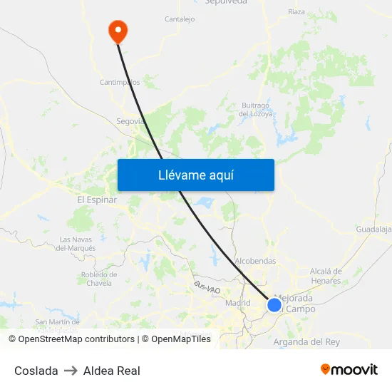 Coslada to Aldea Real map