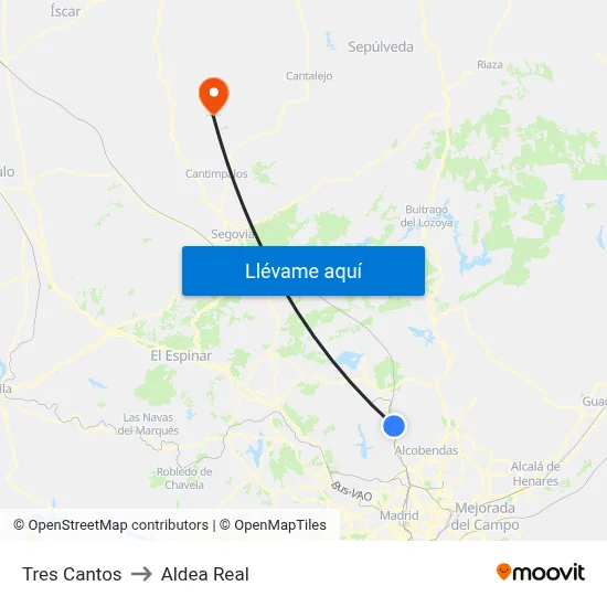Tres Cantos to Aldea Real map