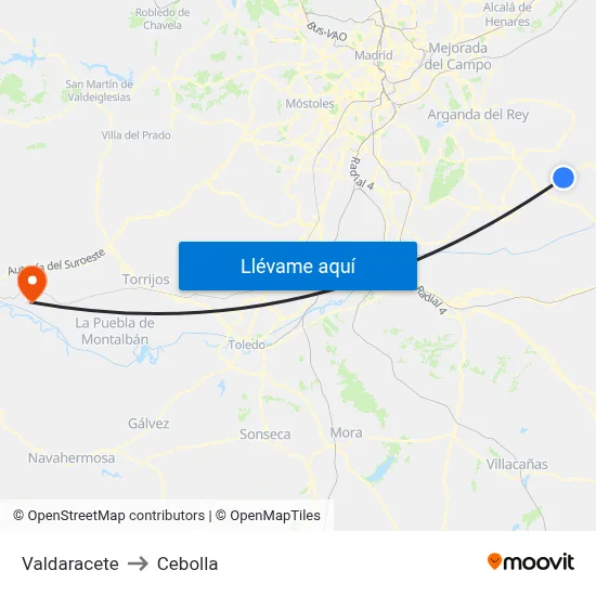 Valdaracete to Cebolla map