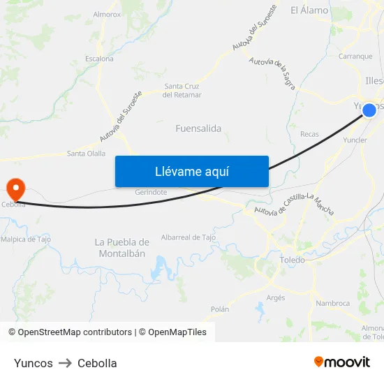 Yuncos to Cebolla map