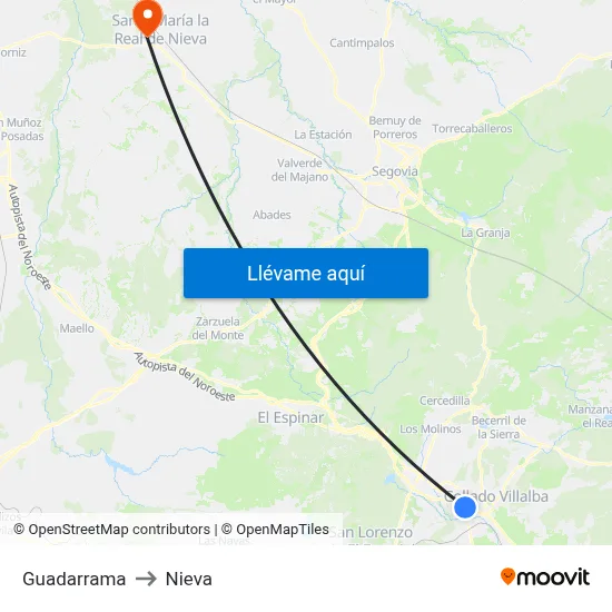Guadarrama to Nieva map