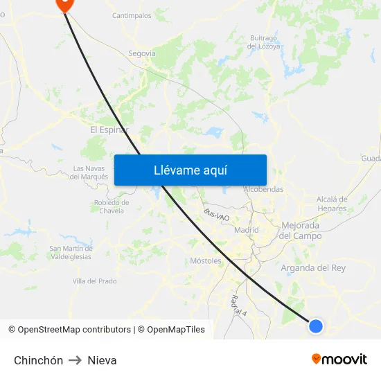 Chinchón to Nieva map