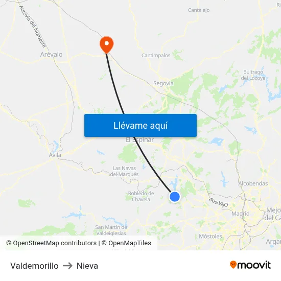 Valdemorillo to Nieva map