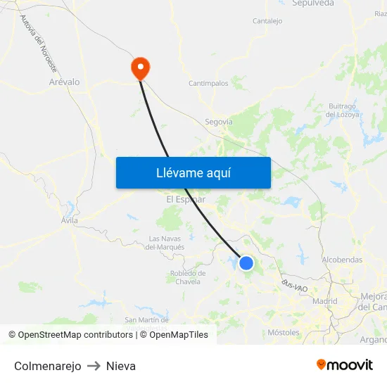 Colmenarejo to Nieva map