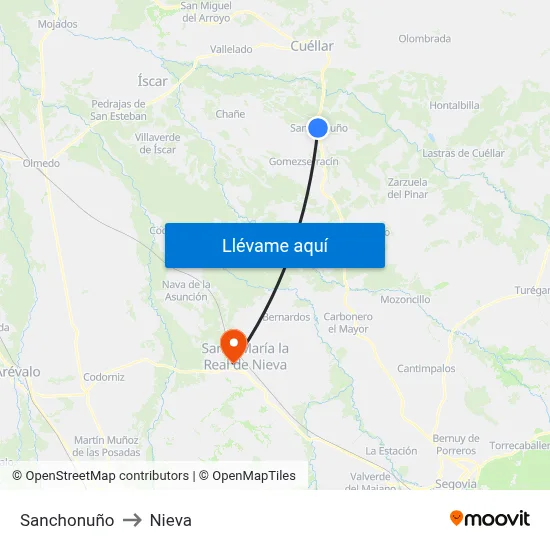 Sanchonuño to Nieva map