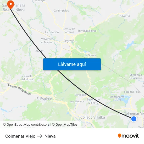 Colmenar Viejo to Nieva map