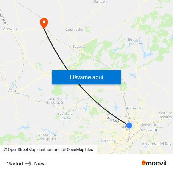 Madrid to Nieva map
