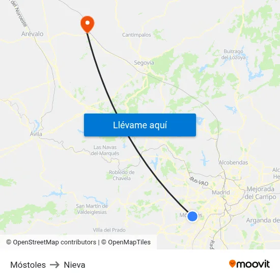 Móstoles to Nieva map