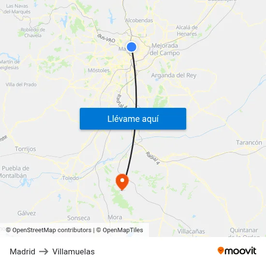 Madrid to Villamuelas map
