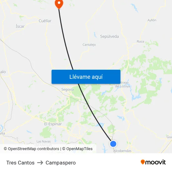 Tres Cantos to Campaspero map