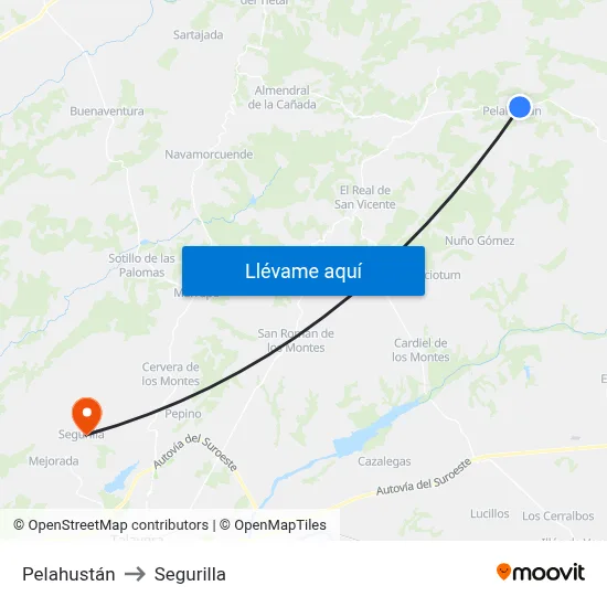 Pelahustán to Segurilla map