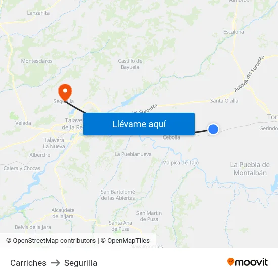 Carriches to Segurilla map