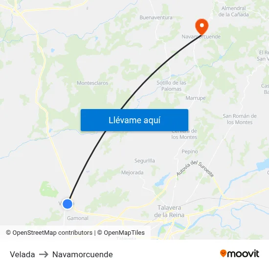 Velada to Navamorcuende map