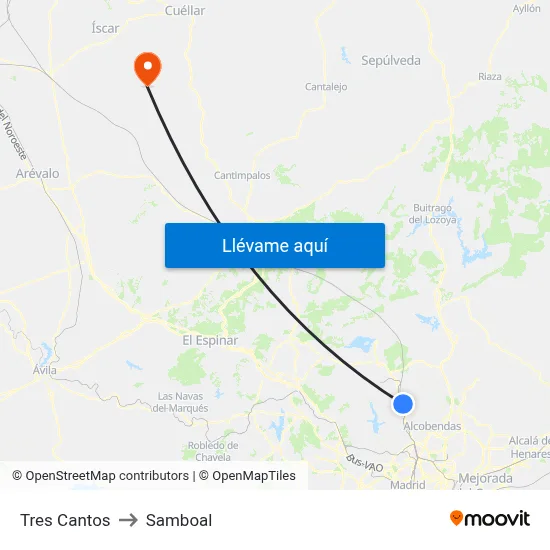 Tres Cantos to Samboal map