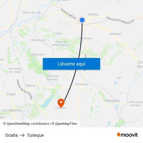 Ocaña to Turleque map