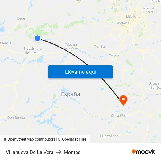Villanueva De La Vera to Montes map