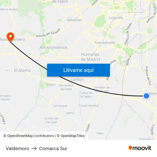 Valdemoro to Comarca Sur map