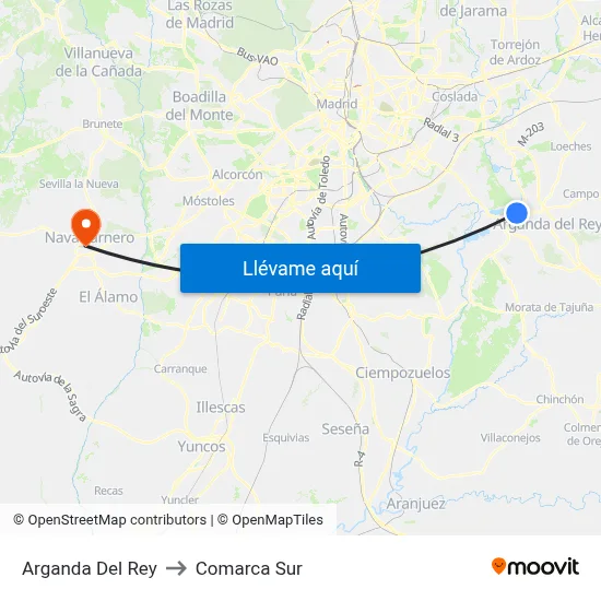 Arganda Del Rey to Comarca Sur map