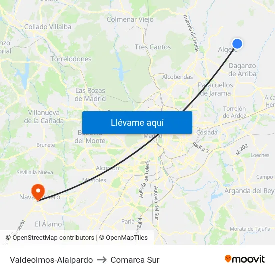 Valdeolmos-Alalpardo to Comarca Sur map