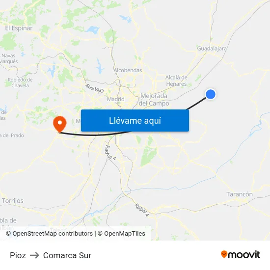 Pioz to Comarca Sur map