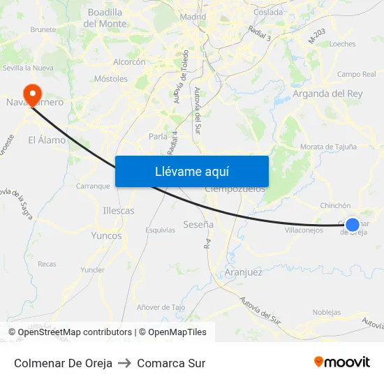 Colmenar De Oreja to Comarca Sur map