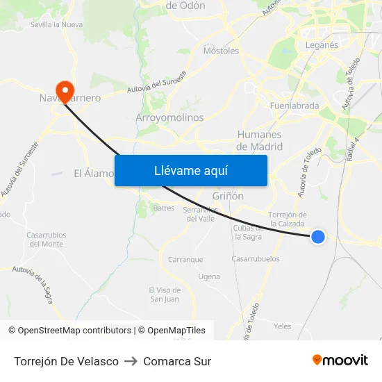 Torrejón De Velasco to Comarca Sur map