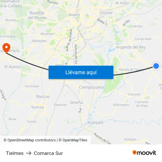Tielmes to Comarca Sur map