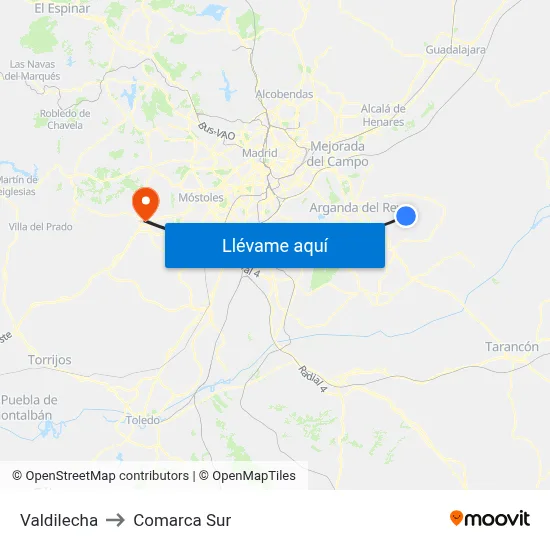 Valdilecha to Comarca Sur map
