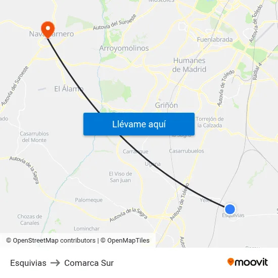 Esquivias to Comarca Sur map