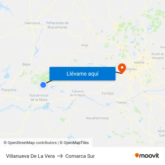 Villanueva De La Vera to Comarca Sur map