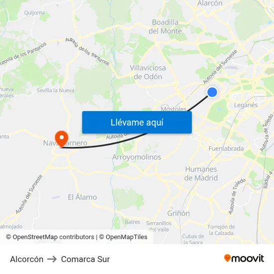 Alcorcón to Comarca Sur map
