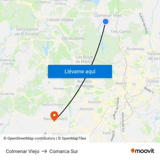 Colmenar Viejo to Comarca Sur map