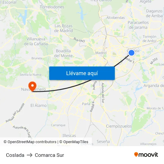 Coslada to Comarca Sur map