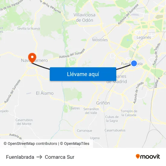 Fuenlabrada to Comarca Sur map