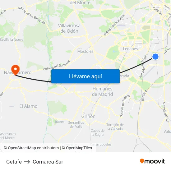 Getafe to Comarca Sur map