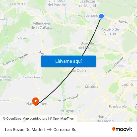 Las Rozas De Madrid to Comarca Sur map