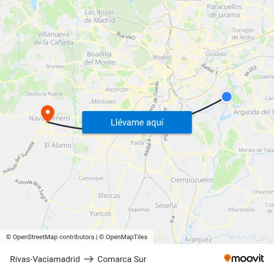 Rivas-Vaciamadrid to Comarca Sur map