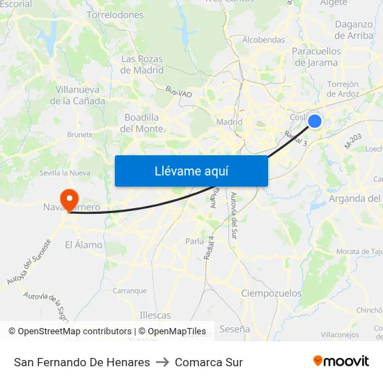 San Fernando De Henares to Comarca Sur map