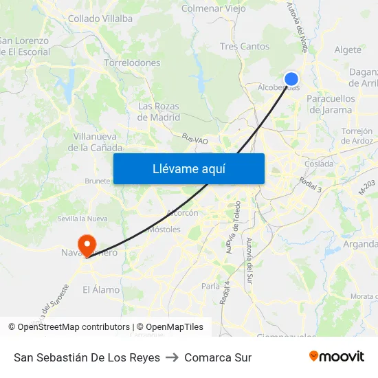 San Sebastián De Los Reyes to Comarca Sur map