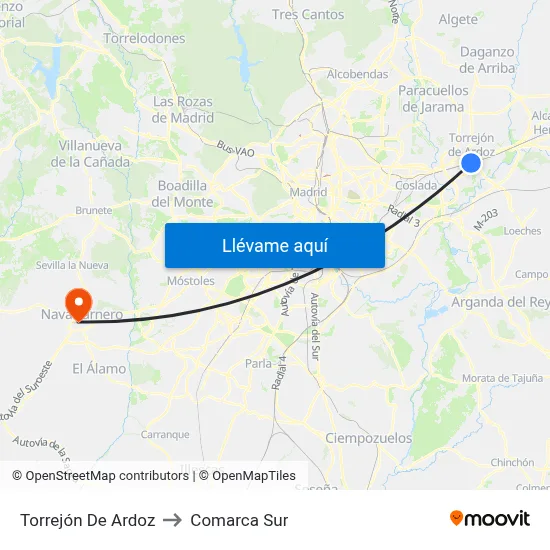 Torrejón De Ardoz to Comarca Sur map