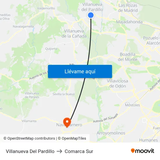 Villanueva Del Pardillo to Comarca Sur map
